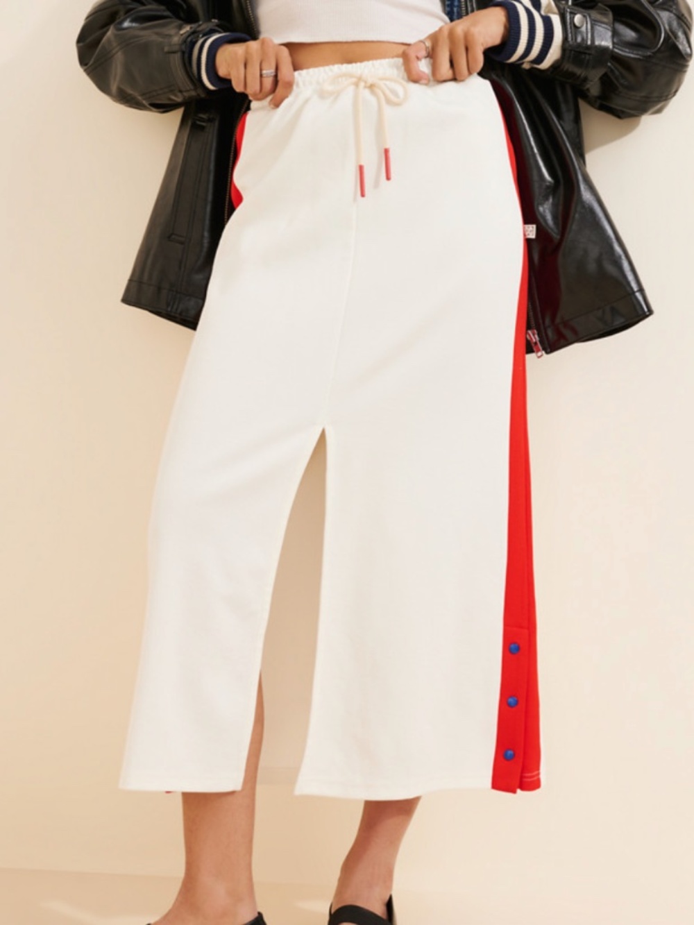 Araminta James Tiva Snap Skirt, White/Cream Midi Skirt with Red Stripe, Size XS